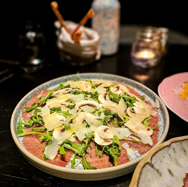 Beef Carpaccio with Horseradish Dressing, Mushrooms and Parmesan Cheese