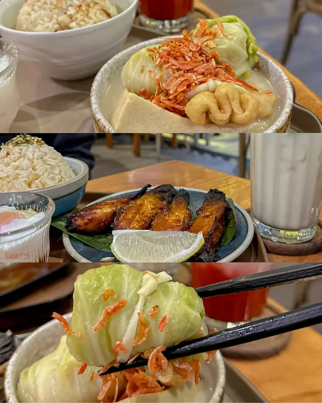 汁燒鮭魚鰭 & 櫻花蝦豆乳味噌豚肉高麗菜卷