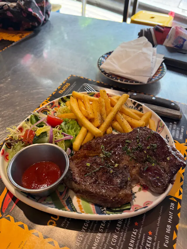 Grass Fed Sirloin Steak with fries and salad