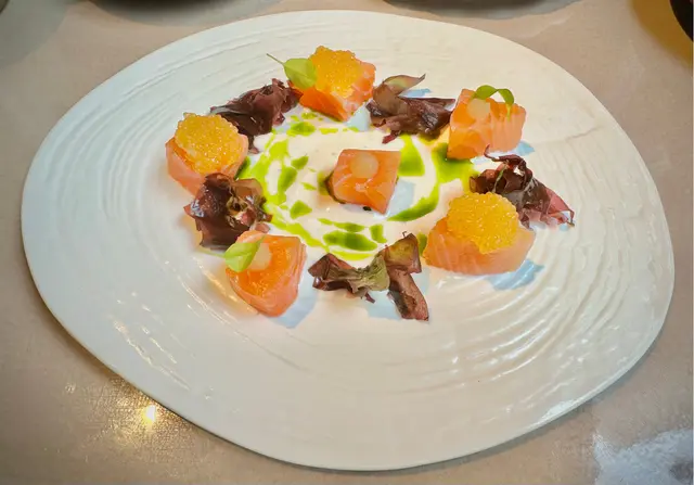 Homemade smoked salmon, algae, smoked pike roe