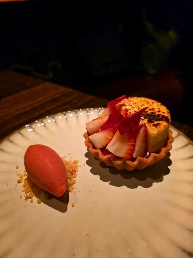 Chiboust Cream, Almond Frangipane & Strawberry Tart with Hibiscus & Strawberry Sorbet