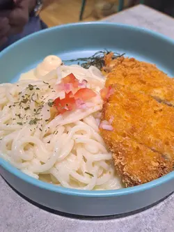 Pork Cutlet with Fish Noodles in Cheesy Dressing