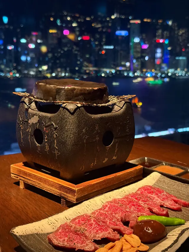 Stone-grilled wagyu and crispy garlic chips served with three sauces: onion and garlic - sour soy - sansho pepper soy