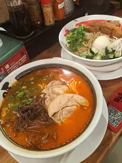 Spicy Tori Paitan Ramen with Chicken Charsiu, Diced Charsiu & Onsen Egg Abura Soba 