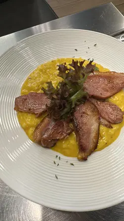 Pumkin risotto, the rice is over cooked. Testure is like smash potato with pumkin sauce, or feels like having punkin congee